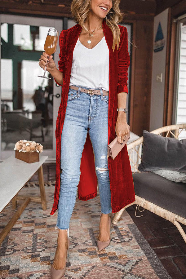 Women's Loose Gold Velvet Stretch Long Coat
