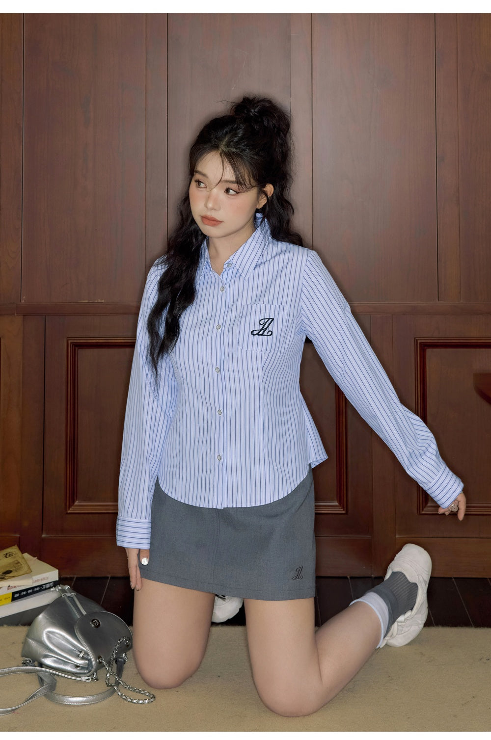 Preppy Style Lapel And Waist Tight Figure Flattering Long Sleeve Shirt