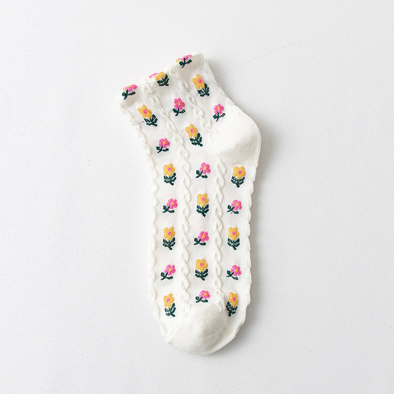 Small Floral Girl Cotton Socks Net Red Medium And Short Tube Student
