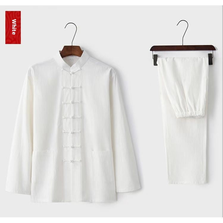 Men's Buckle Vintage Shirt Chinese Taiji Jushi Zen Clothes Two-piece Set
