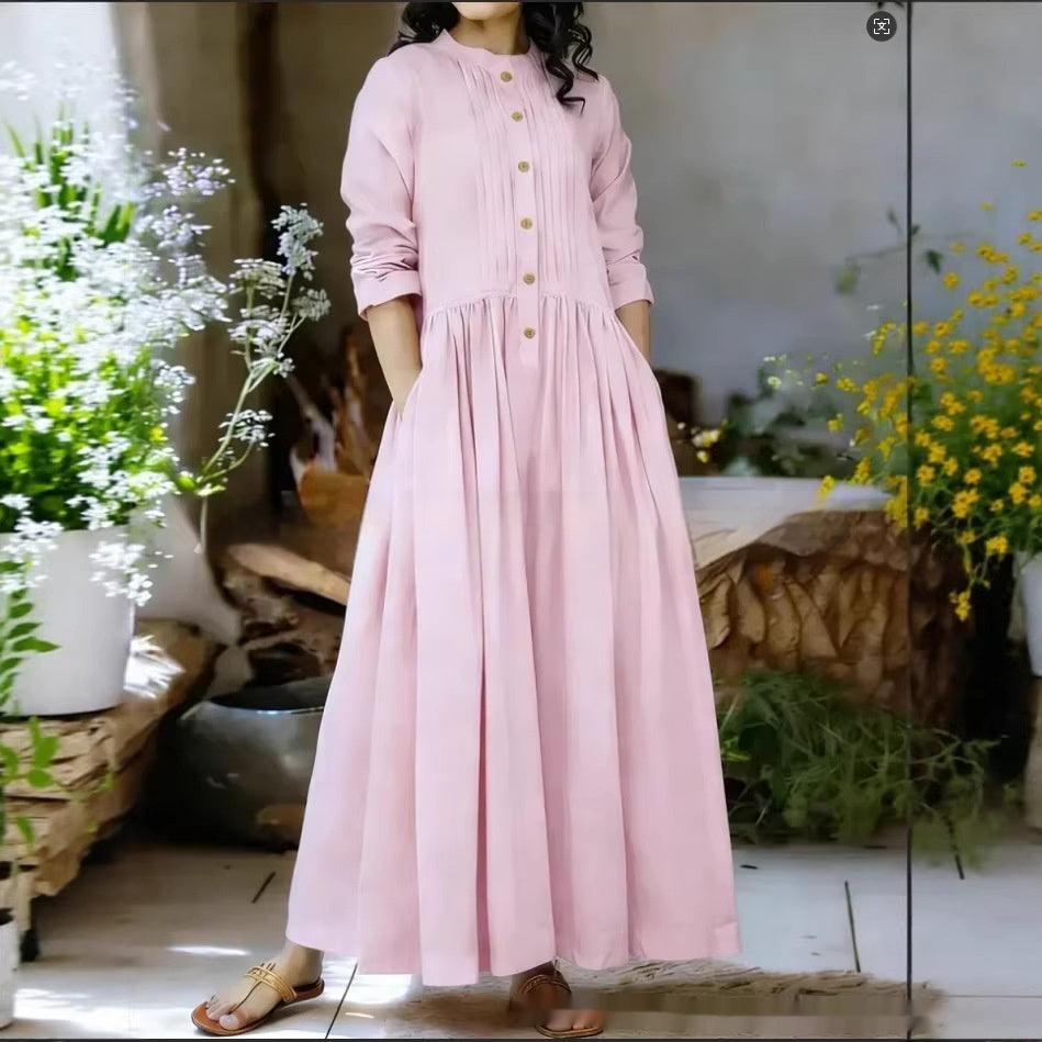 Womens Solid-Colored Stand-Up Collar Long-Sleeve Loose A-Line Dress