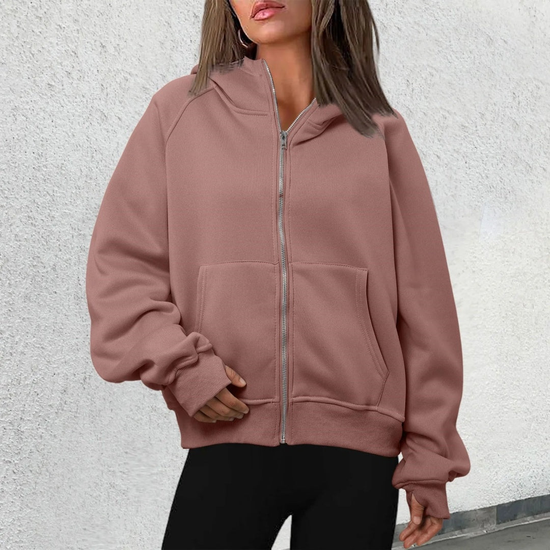 Loose Zip Long Hooded Thumb Hole Brushed Hoody