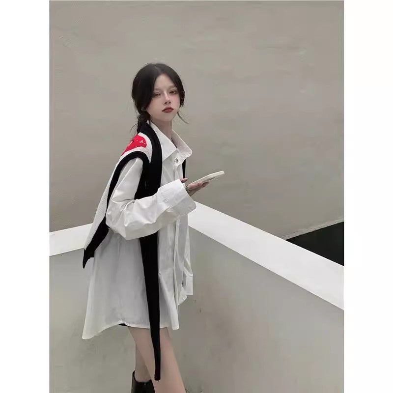 Korean Style Long Sleeve Shirt Cartoon Shawl Sweater Two-piece Vest Set