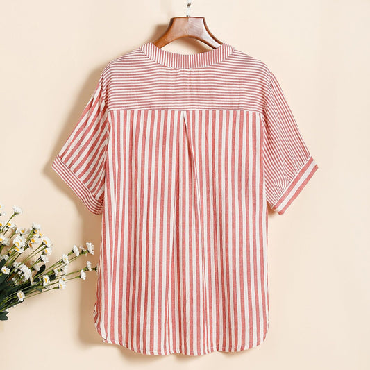 Plus Size Women's Cardigan V-neck Shirt Cotton And Linen Top