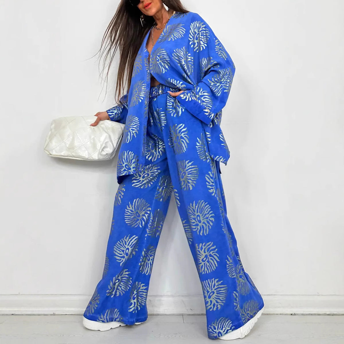 Women's Lapel Print Loose Casual Long Sleeve Set