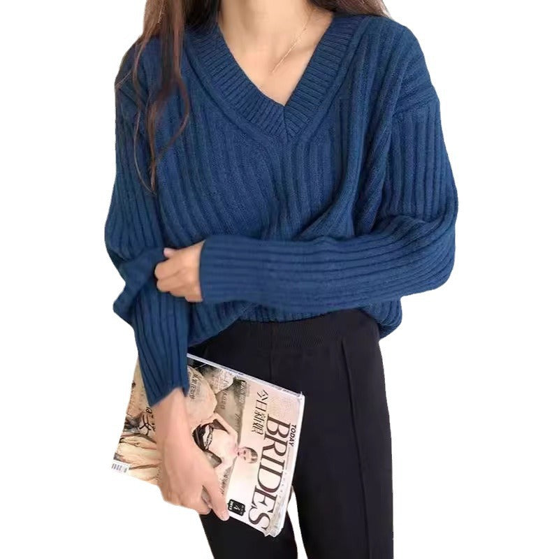 Retro V-neck Pullover Women's Loose Sweater