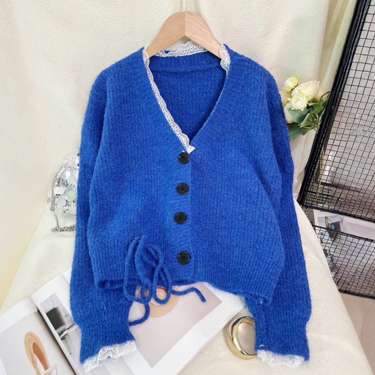 Stitching Lace Fashion Casual Knitted Cardigan V-neck Women's Sweater