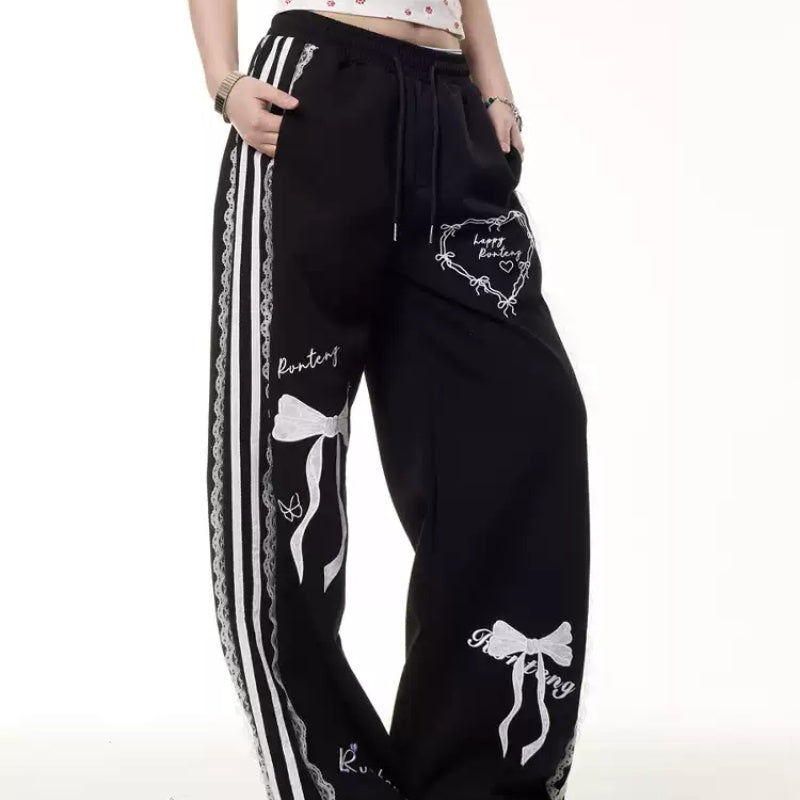 Vintage Bow Lace Casual Pants Summer Elastic Waist