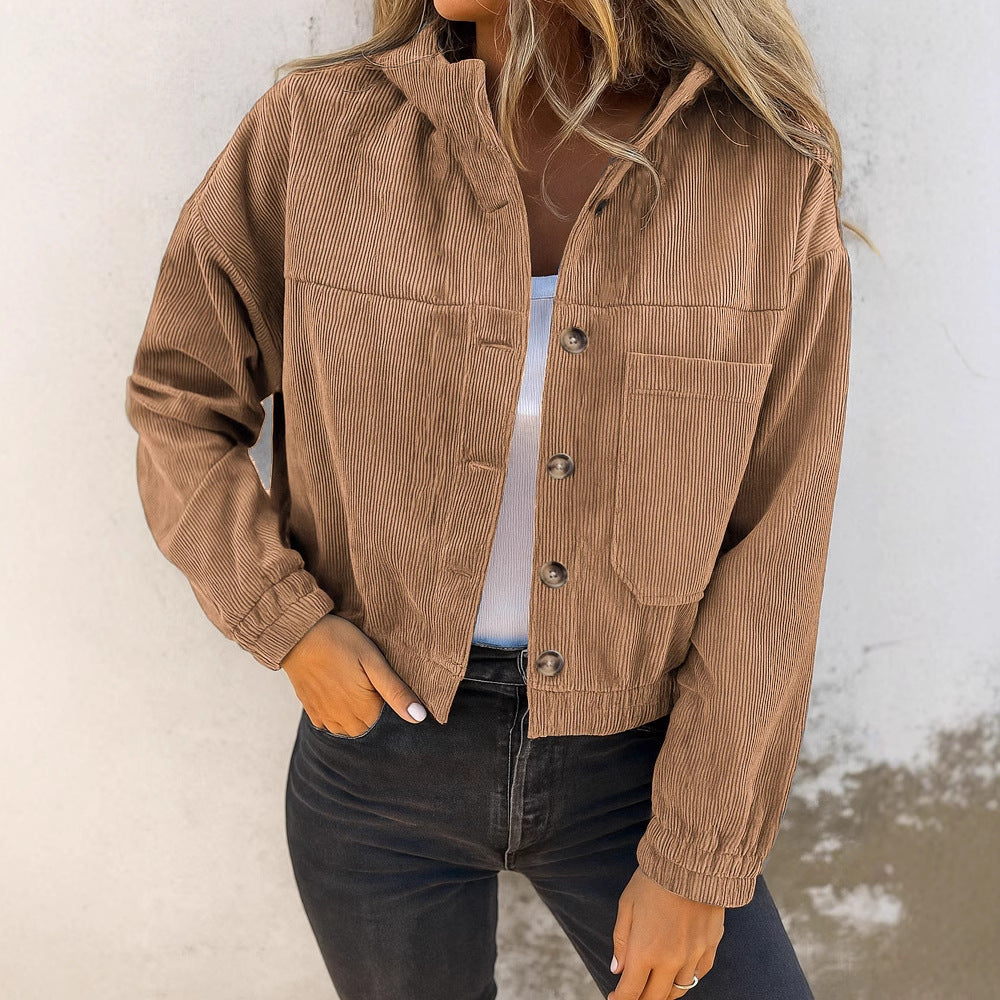 Fashionable Corduroy Long-Sleeve Cardigan With Hood And Pockets