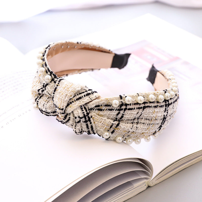 Pearl Headband Classic Ethnic Plaid Fabric