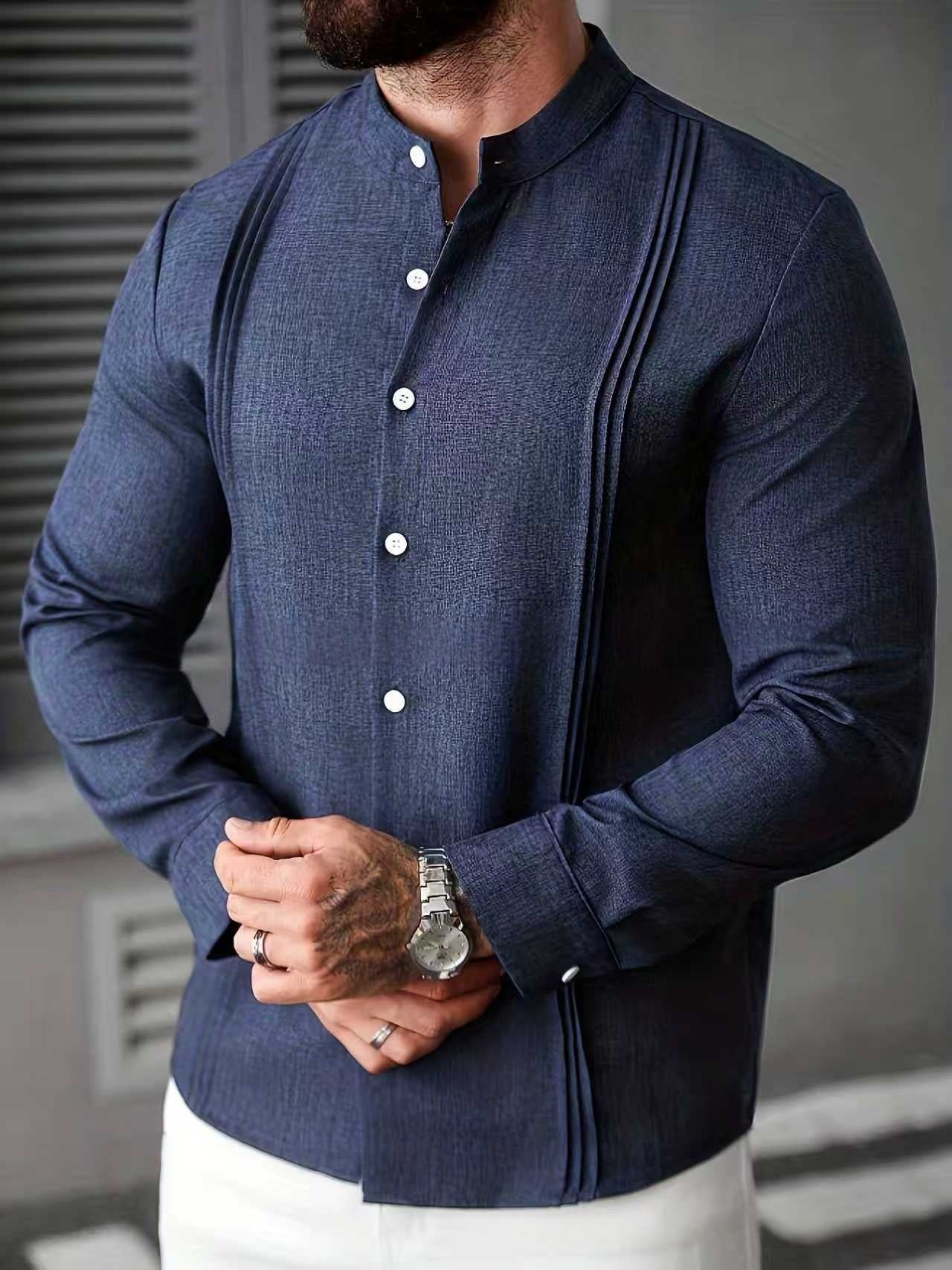 Mens Solid Color Stand Collar Single-Breasted Long-Sleeve Shirt