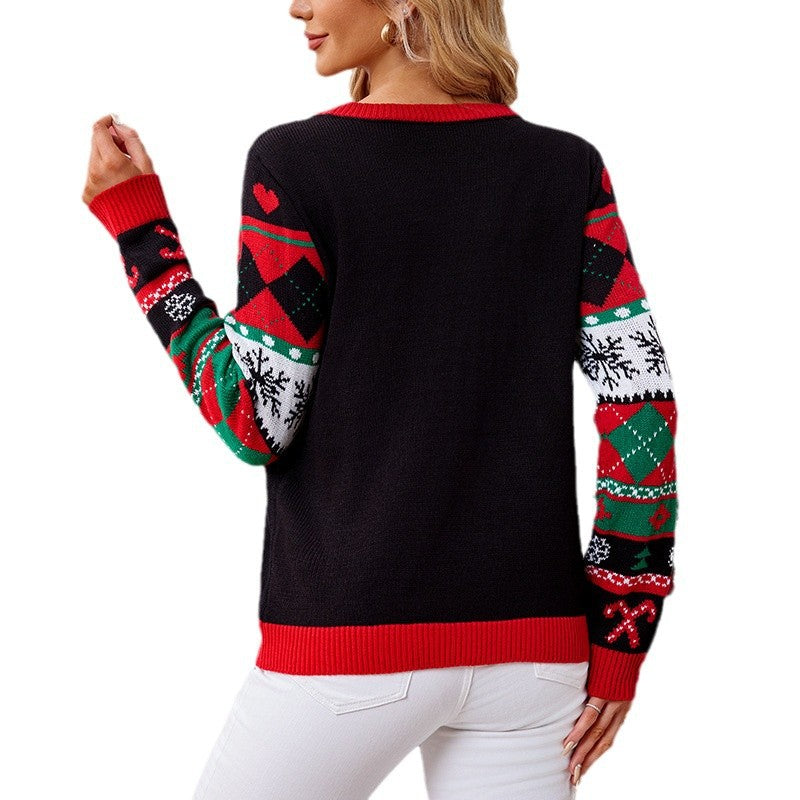 3D Pom-pom Christmas Sweater Sequin Embroidery Round Neck Knitwear