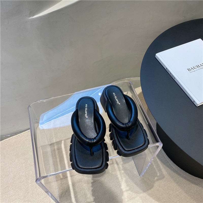 Koreansk stil sandaler med firkantet snude og sildebensmønster