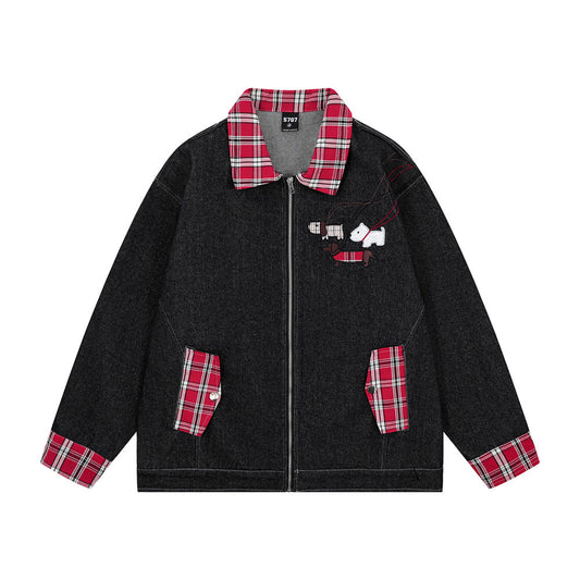 Funny Puppy Paste Cloth Embroidery Denim Contrast Color Patchwork Plaid Lapel Baggy Coat Men