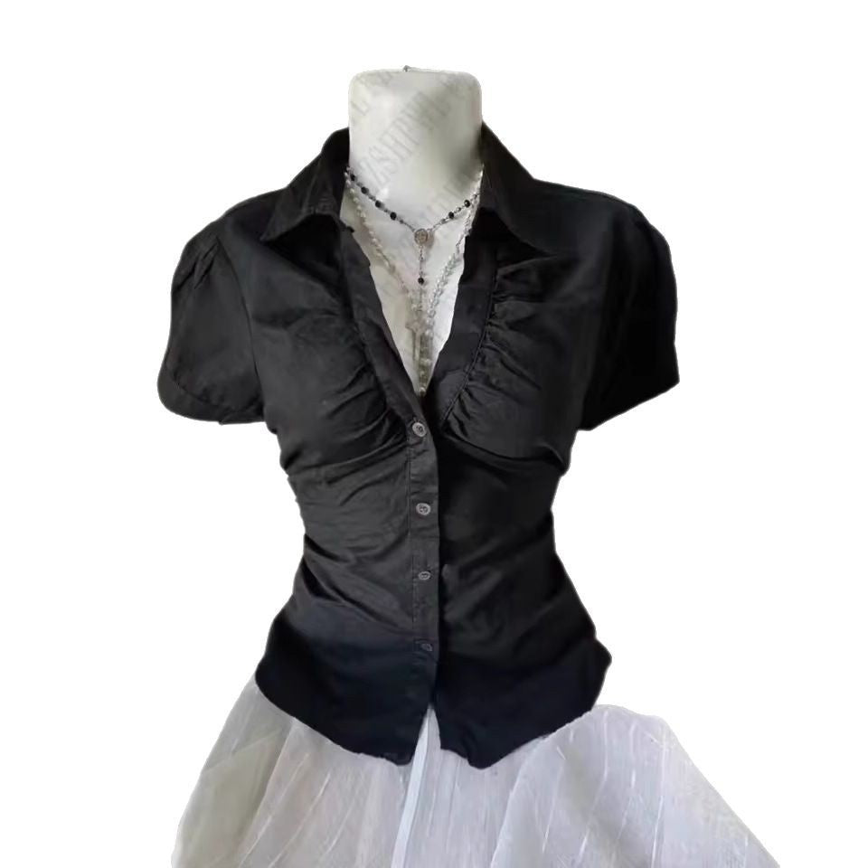 Graceful Collar Lapel Pleated Single-breasted Slim Fitted Waist Striped Solid Color Shirt