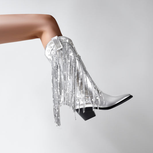 Sequin Tassel Pointed Sleeve High Leg Boot