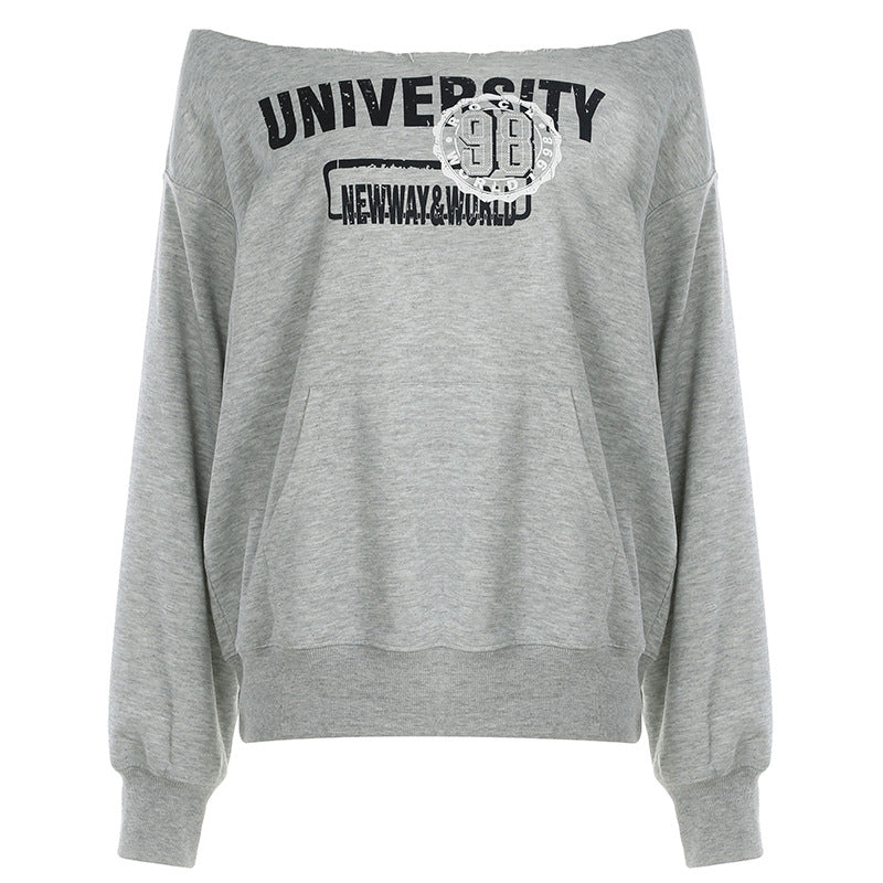 Europæisk og amerikansk stil gade afslappet løs off-shoulder printet sweater