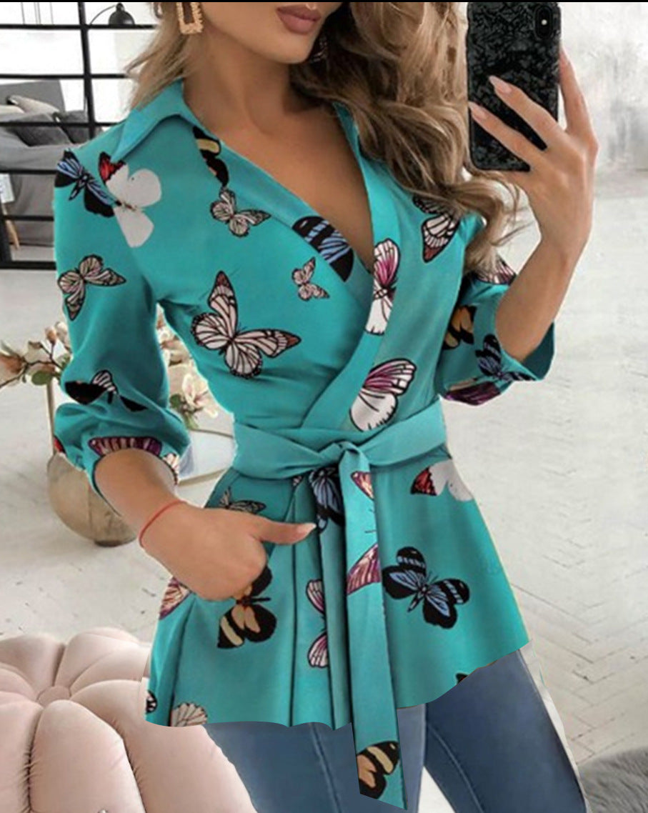 Printed Long Sleeve V-neck Belt Shirt