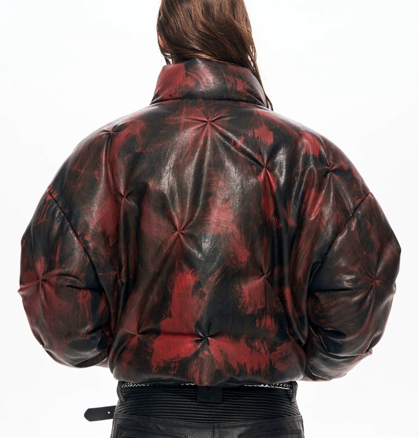 Cropped Leather Puffer Jacket With A Stand-up Collar And Shirring