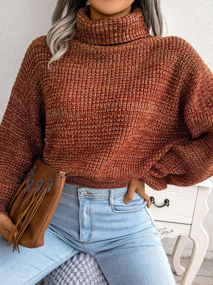 Women Mixed Color Lantern Sleeve Turtleneck Knit Sweater