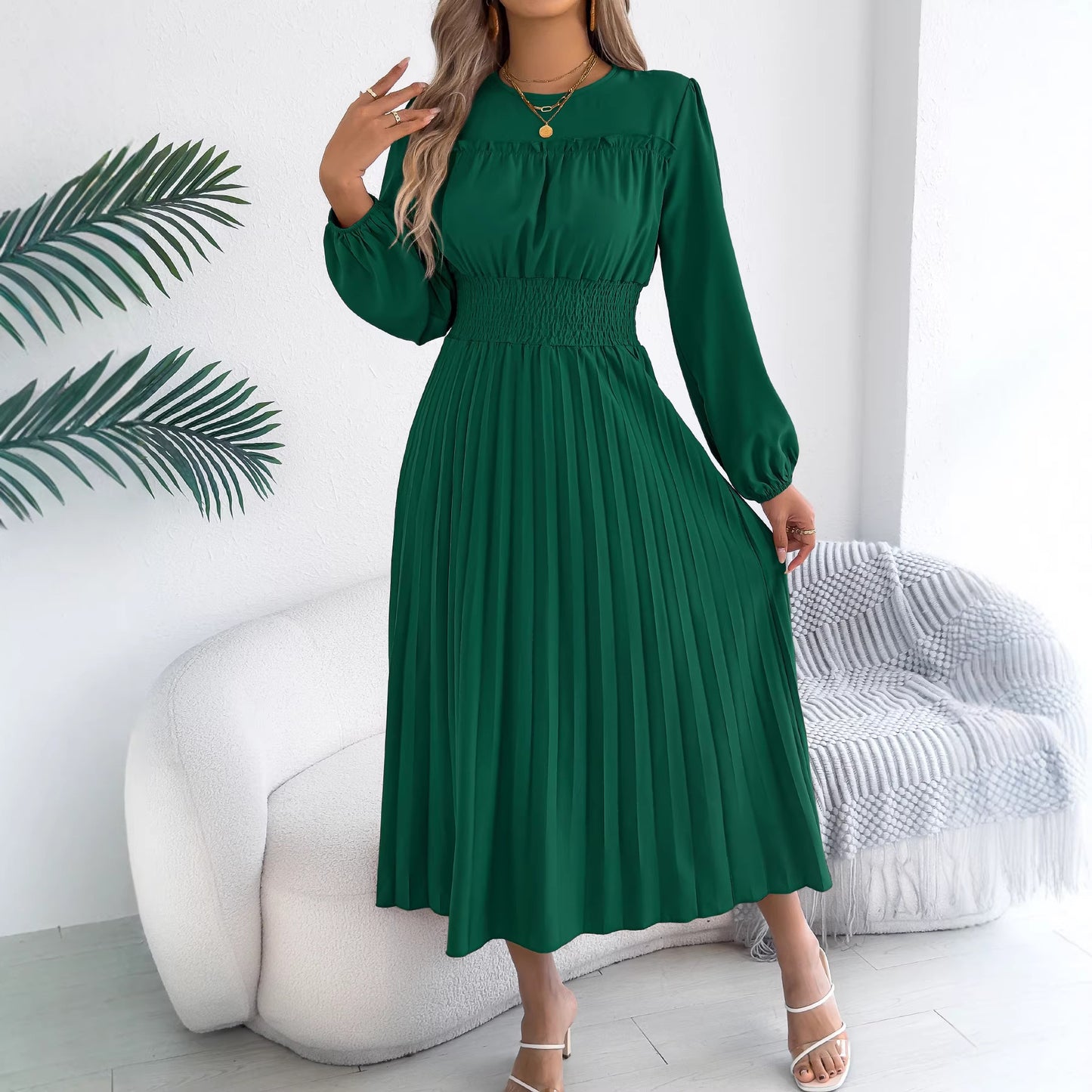 Elegant Ruffled Long-sleeve Cinched-waist Pleated Maxi Dress
