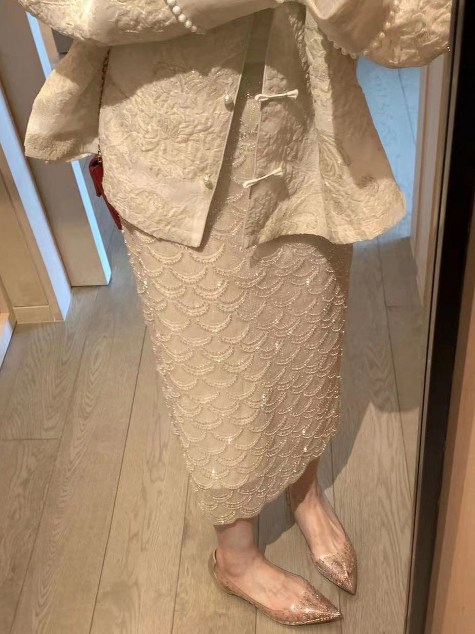 Fan-shaped Heavy Industry Beads Shiny Scale Skirt