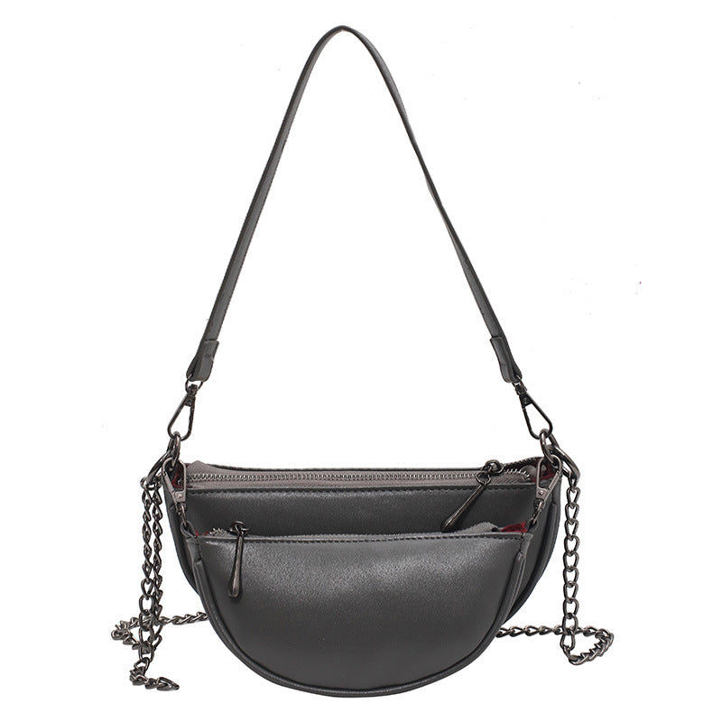 Women's New Retro Half Round Saddle Bag Double Chain