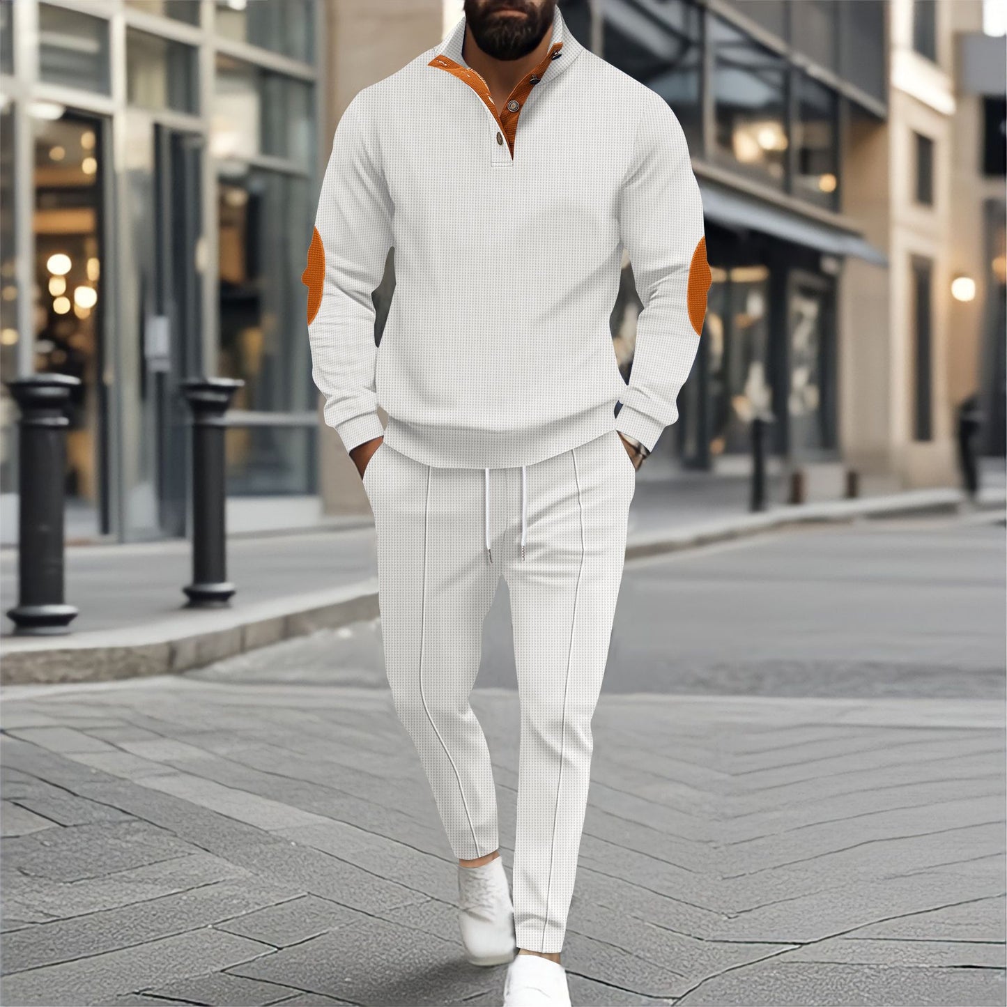 Men's Half-Zip Waffle Casual Stand Collar Long Sleeve Sweatshirt Set