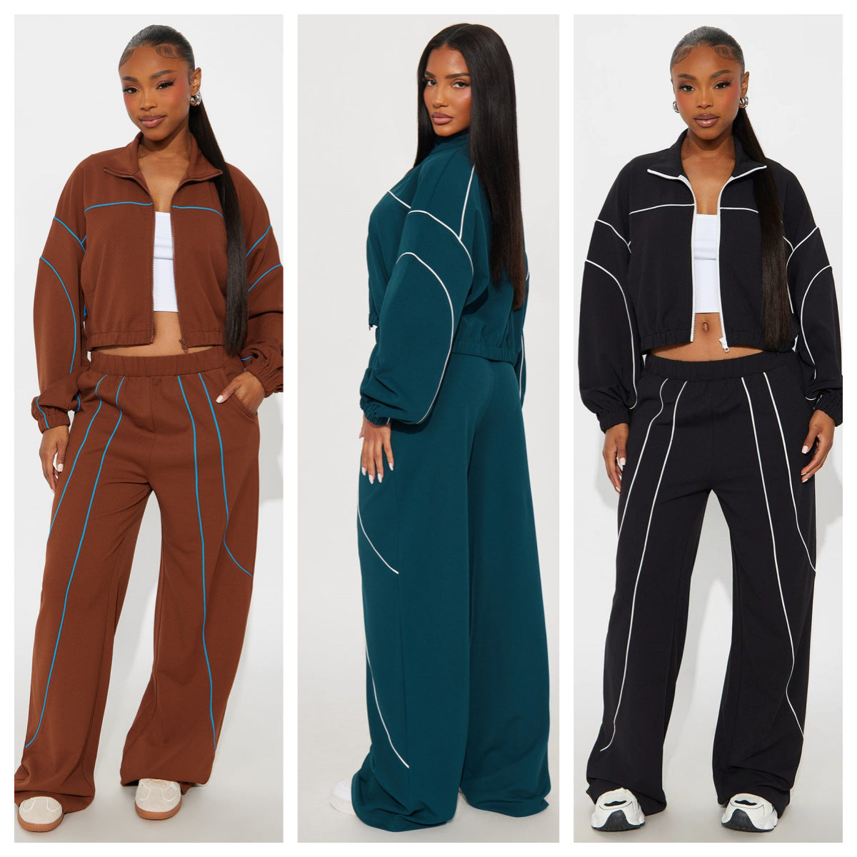 Wide-leg Color-blocked Stand-collar Two-piece Set