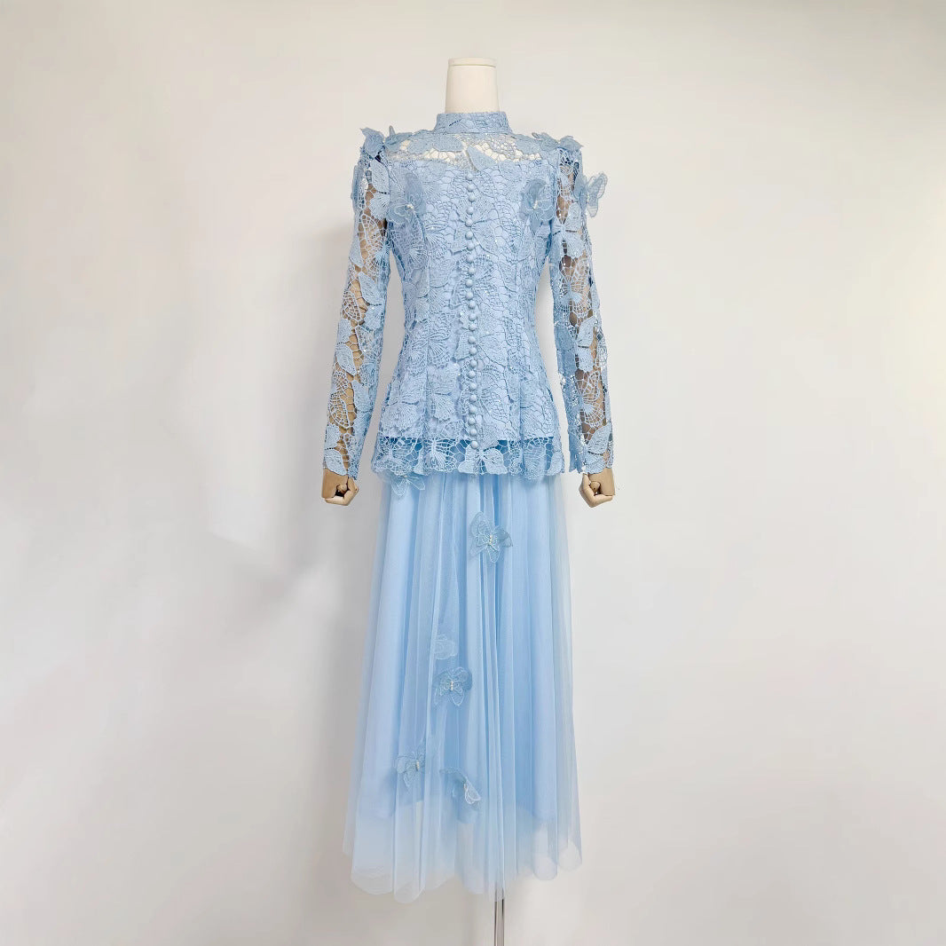 Womens Lace Jacquard Patchwork Top And Mesh Skirt Set