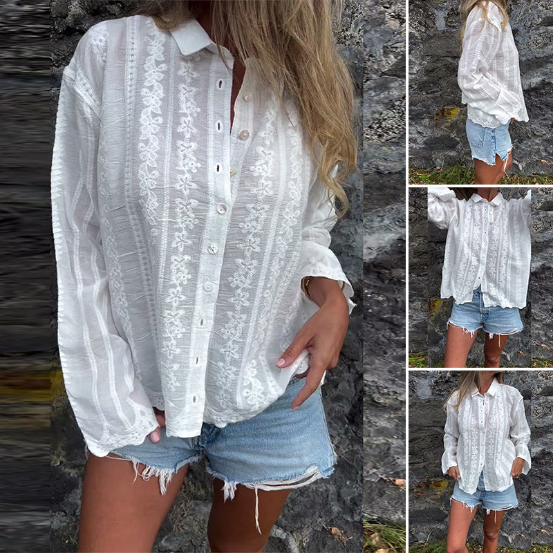 Color Embroidery Hollow Out Polo Collar Shirt Long Sleeve Button Cardigan Top