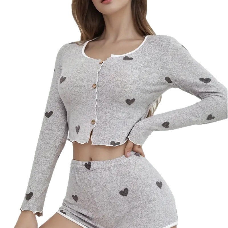 Knitted And Emerized Heart Printing Ruffled Pajamas Shorts Suit