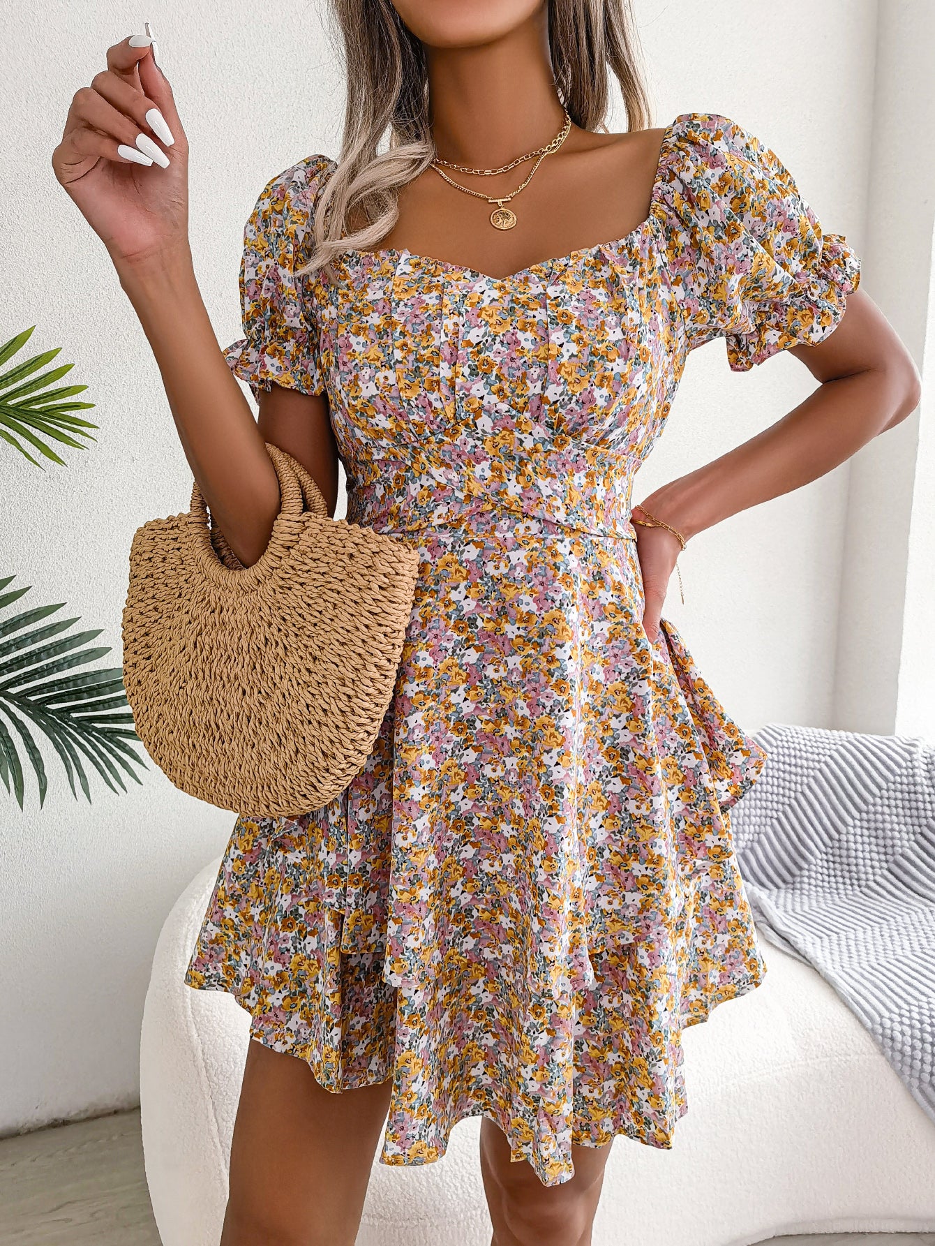 Women  Elegant Floral Print Tie Waist Flowy Dress