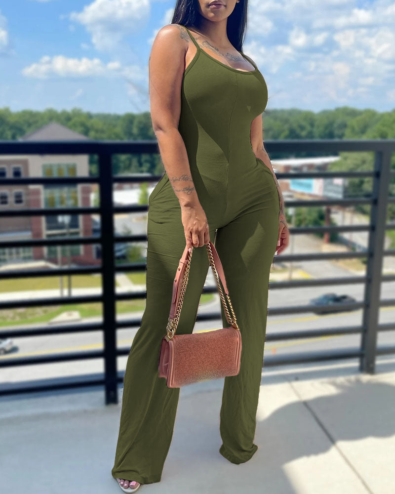 Women's Fashion Casual U-neck Spaghetti Straps Sleeveless Pocket Jumpsuit