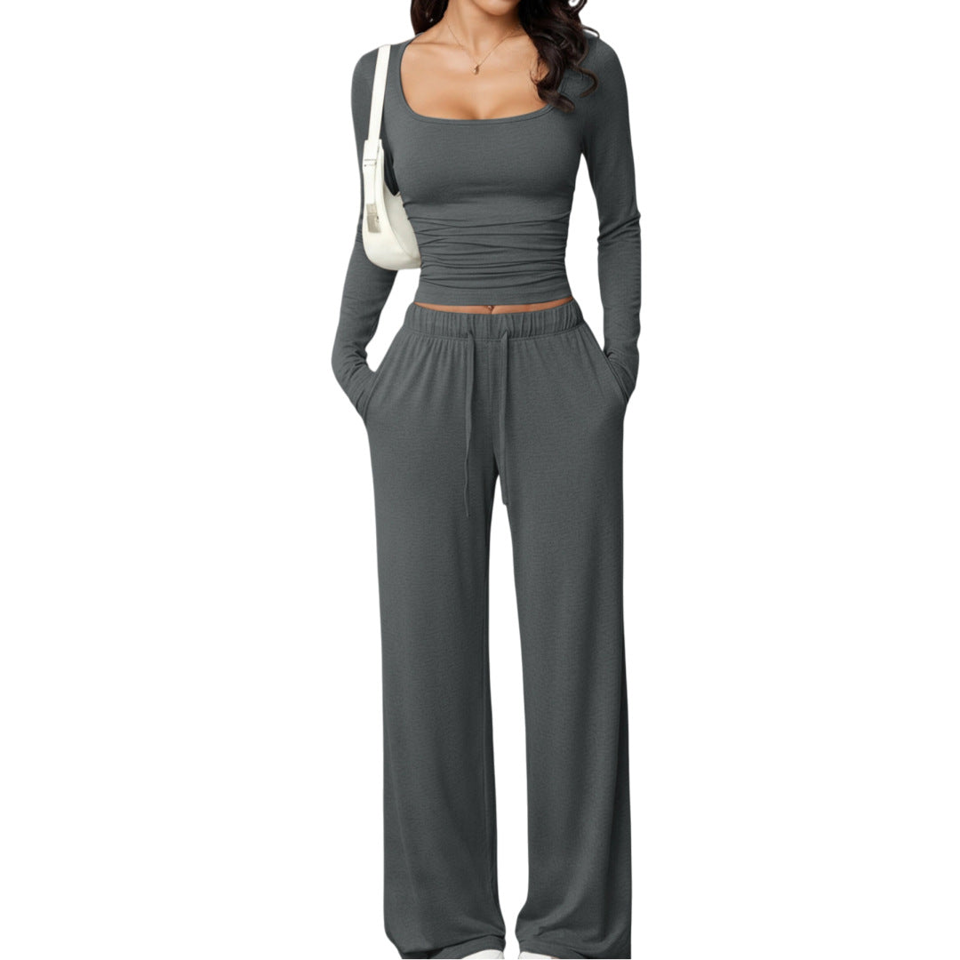 Womens Casual Pants And Square Neck Long Sleeve Cropped Top Set