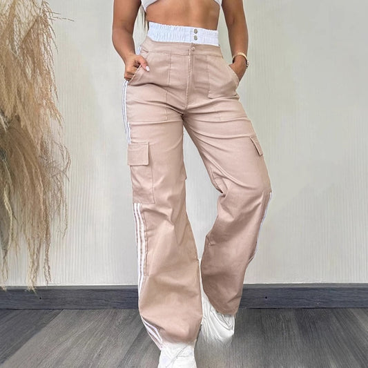 Partial Contrast Color Double Waist Leisure Sports Ribbon Wide-leg Overalls