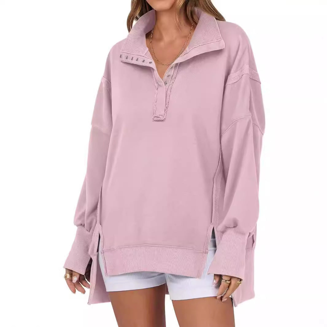 Decorative Moulding Design Blouse Split Lantern Sleeve Polo Collar Sweatshirt