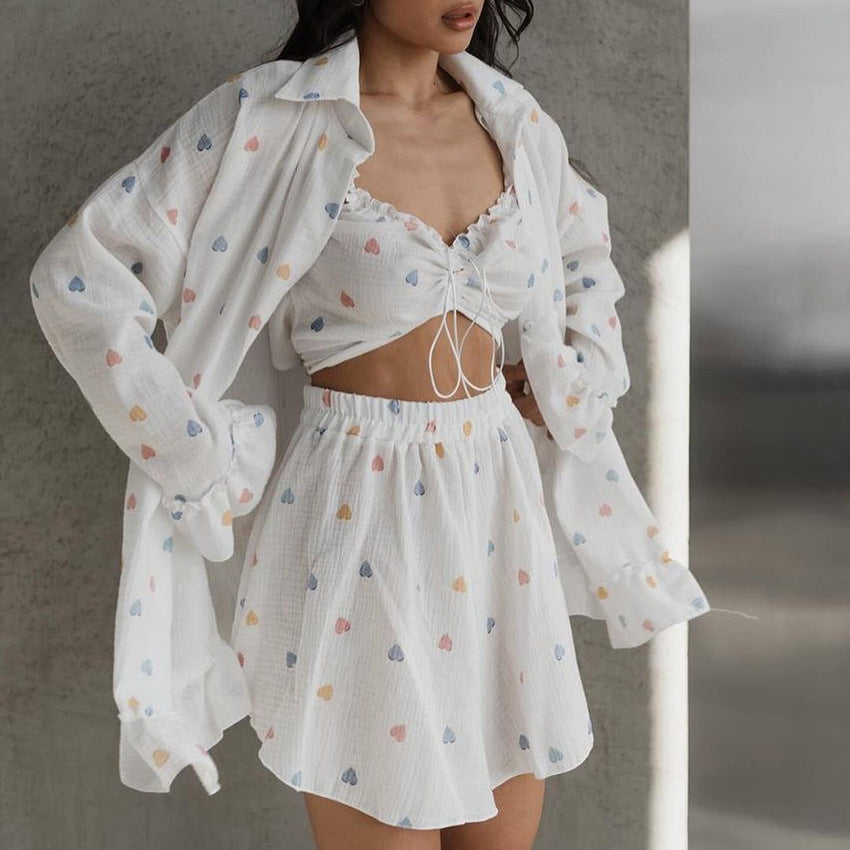 Sweet Floral Print Womens Cotton Ruffle-Trim Underwear Three-Piece Set Long-Sleeve Top And Shorts