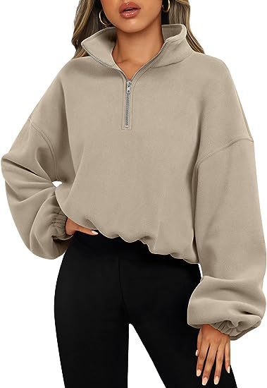 Women's Half Zipped Stand Collar Drawstring At Hem Polar Fleece Autumn Winter Sweater