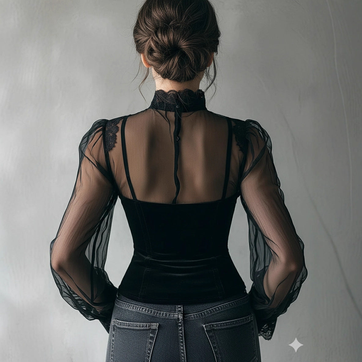 Mesh-panel Black Lace Top With Hollow-out Floral Trim