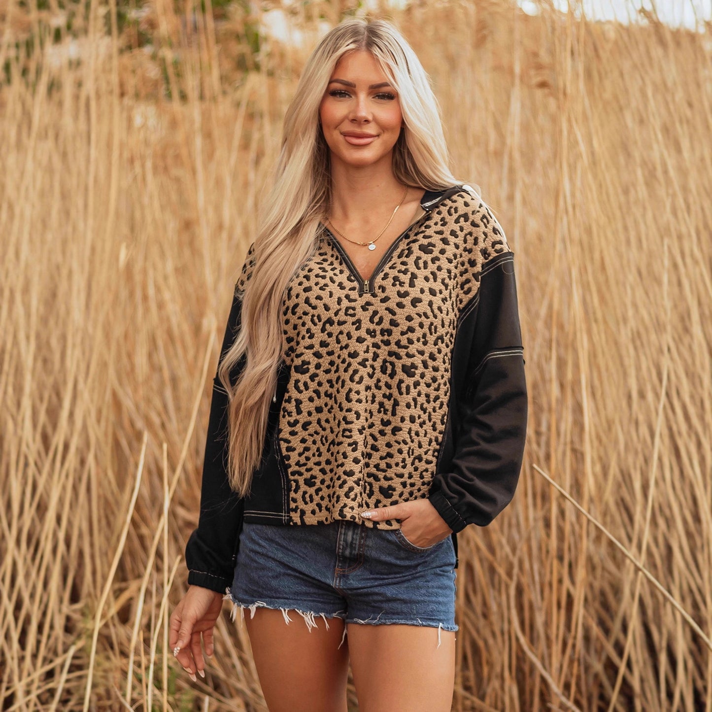 Women's Long-sleeved Sweater Leopard Print V-neck