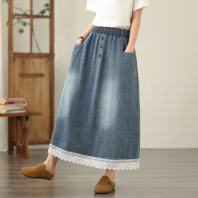 Summer New Plus Size Loose Slimming Plump Girls Stitching Lace Denim Skirt