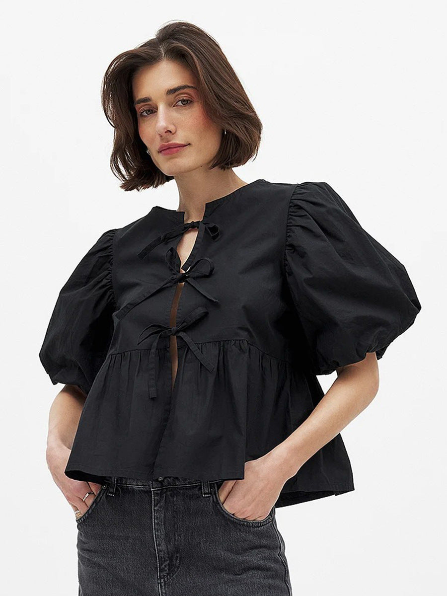 Cotton Lace Up Round Neck Loose Short Sleeved Top