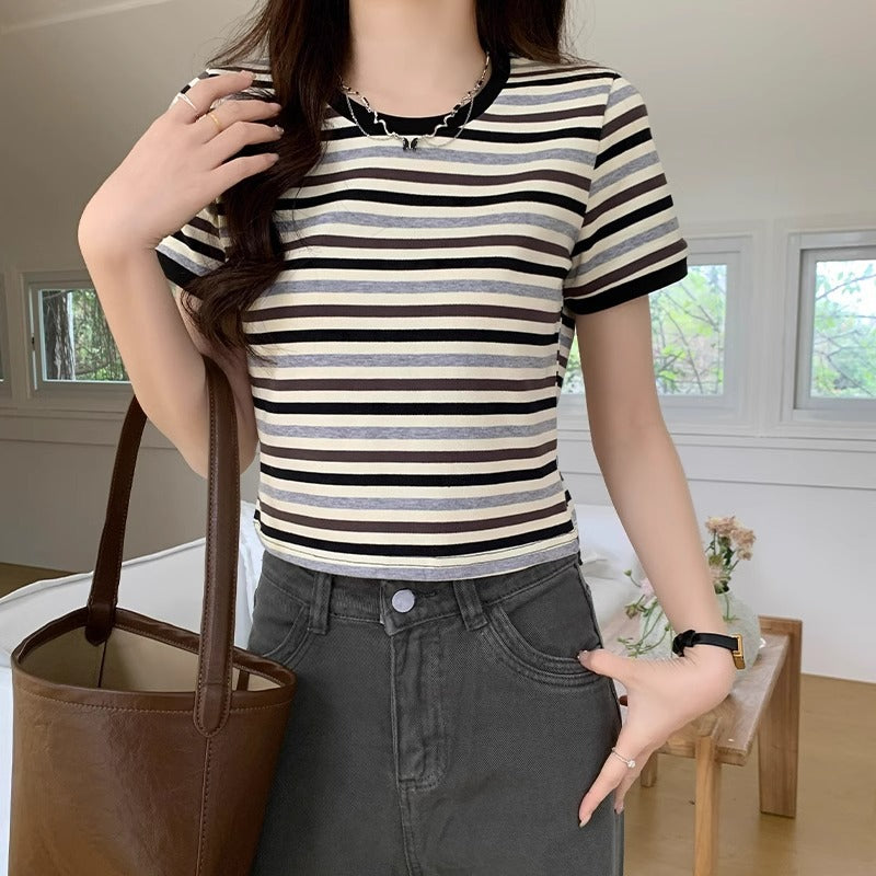 Women's Green Striped Regular-fit Slim Short-sleeve T-shirt