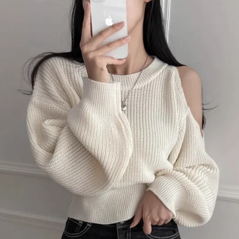 Dignified Hollow Off-the-shoulder Loose-fitting Long Sleeve Sweater