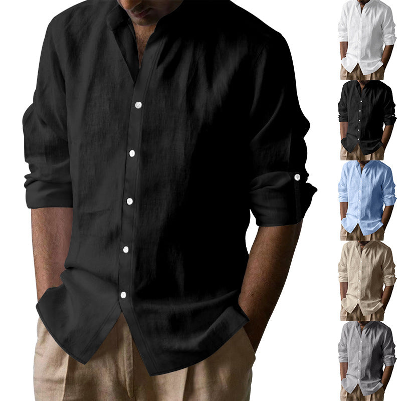 Men's Linen-cotton Long Sleeve Stand Collar Shirt