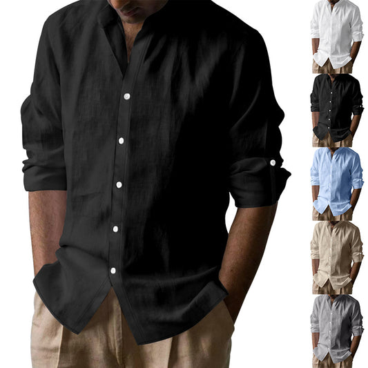 Men's Linen-cotton Long Sleeve Stand Collar Shirt