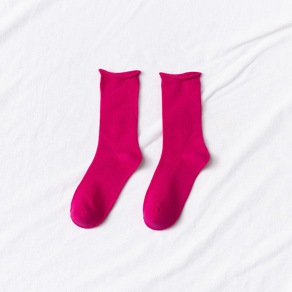 Women's Mid-tube Socks Thin Candy Color Rolled Edge Cotton