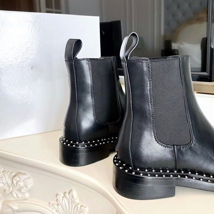 Flat Short British Style Studded Leather Women's Boots
