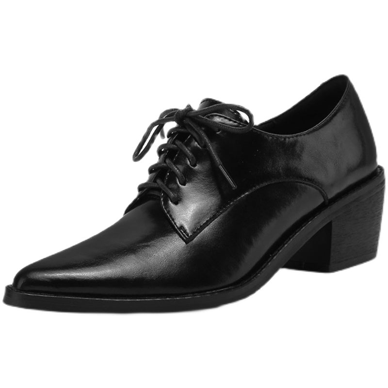 Women's Mid Heel Brown Deep Mouth Leather Pointed Toe Work Shoes